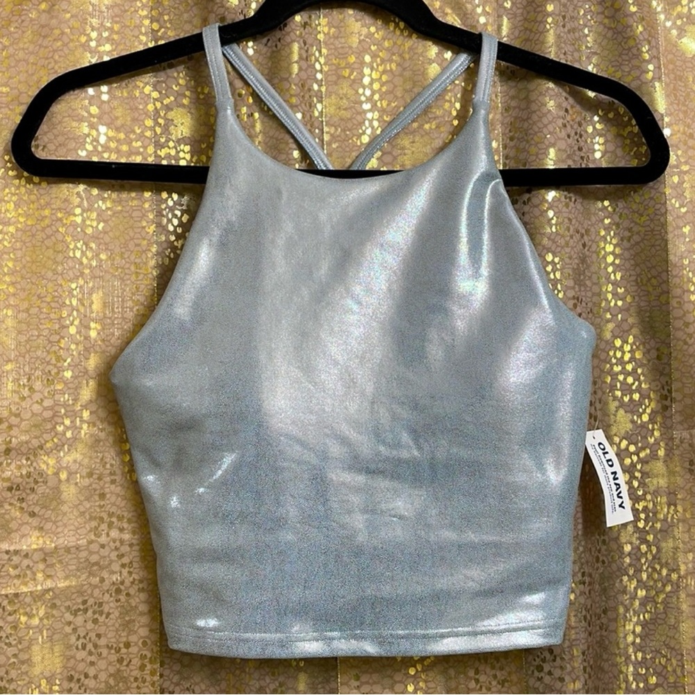 Old Navy silver shine metallic foil active workout top, size S NWT
